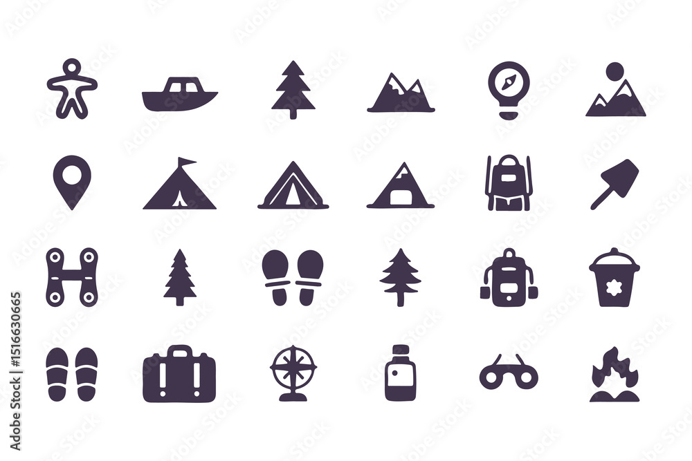 Camping and hiking icon set. flat adventure and outdoor travel symbols including tent, compass, backpack, campfire, map pin, and more. vector illustration Camping and hiking icon set. flat adventure and outdoor travel symbols including tent, compass, backpack, campfire, map pin, and more. vector illustration