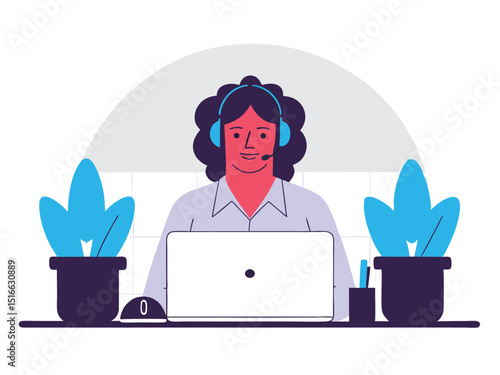 Customer Support Representative Working from Home, Providing Online Assistance with Laptop and Headset, Surrounded by Plants in Home Office Vector Illustration
