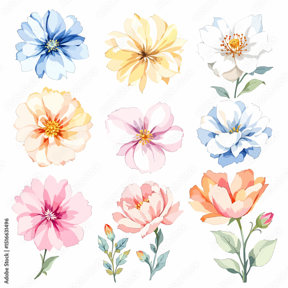 Obraz premium Set of watercolor color flowers on white background, wildflower clipart vector for graphic resources