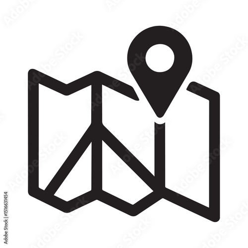 Navigational Icon: A minimalist monochrome icon showcases a detailed map marked with a prominent location pin, suggesting direction, destination, and exploration.