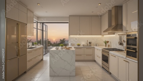 Wallpaper Mural Modern Kitchen Interior with Marble Accents and Sunset View in a Contemporary Home Design Torontodigital.ca