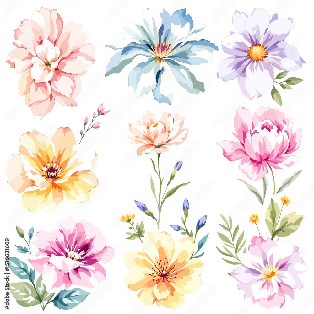 Set of watercolor abstract flowers on white background, wildflower clipart vector for graphic resources Set of watercolor abstract flowers on white background, wildflower clipart vector for graphic resources