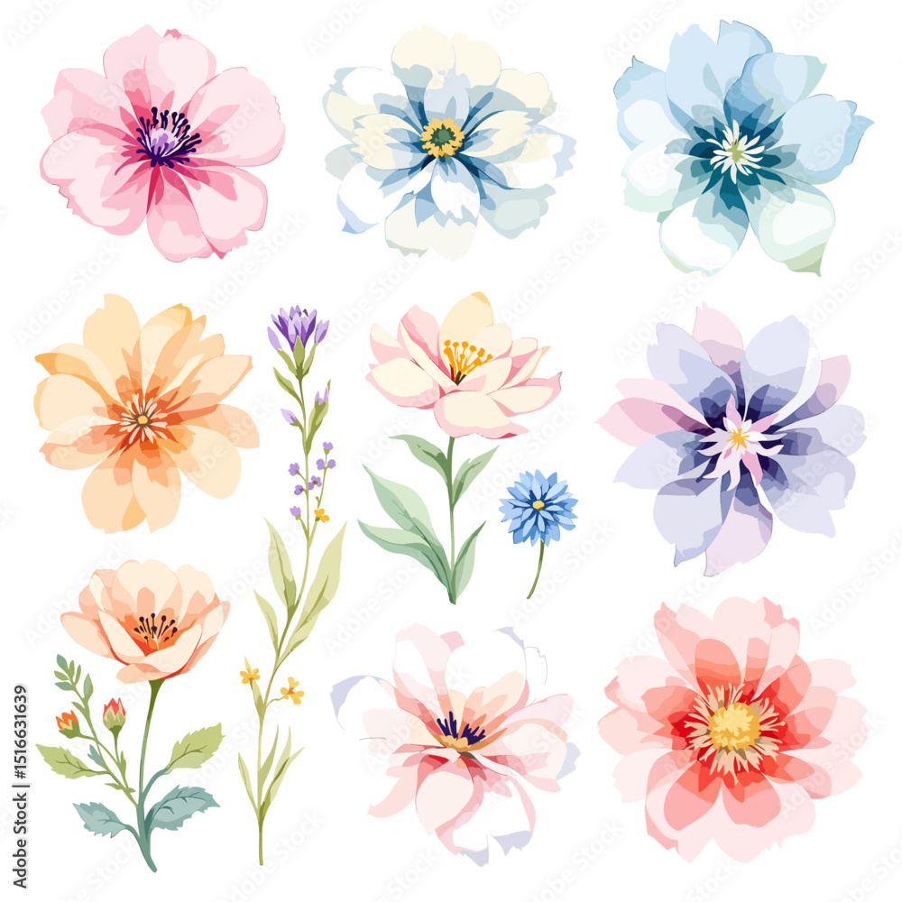 Set of watercolor flowers on white background, wildflower clipart vector for graphic resources Set of watercolor flowers on white background, wildflower clipart vector for graphic resources