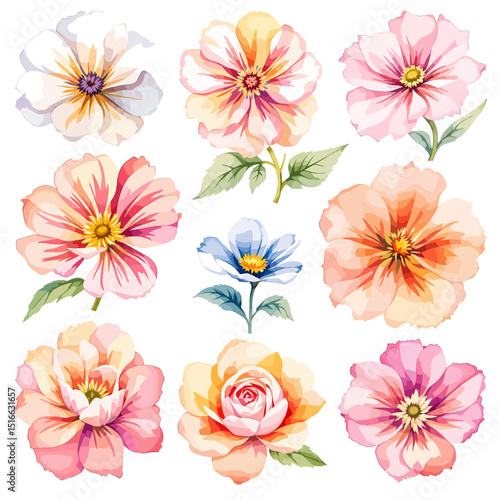 Set of watercolor flowers on white background, wildflower clipart vector for graphic resources