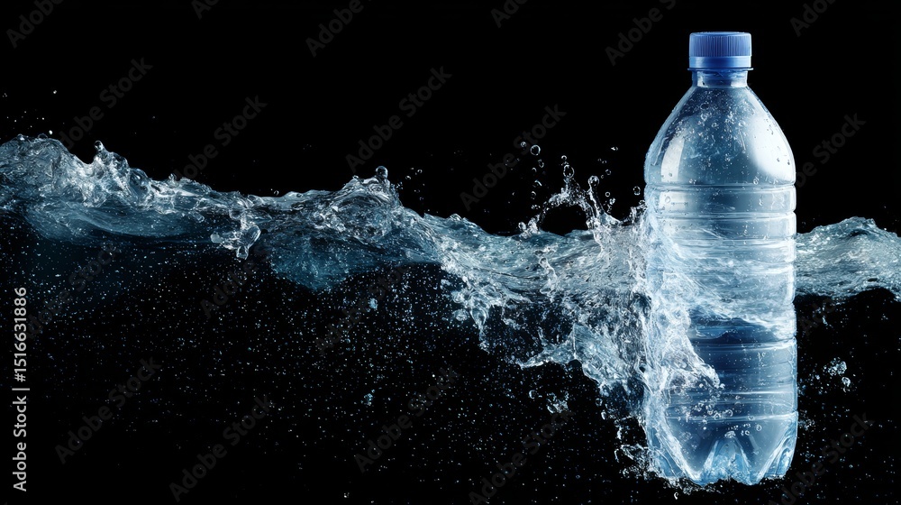 Highspeed shot of a clear plastic bottle surrounded by dynamic water splash against dark background with space for text Highspeed shot of a clear plastic bottle surrounded by dynamic water splash against dark background with space for text