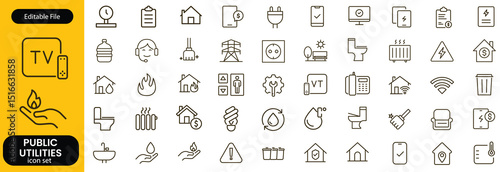 Public utilities web icons line set. Public Utilities Water, Fuel, Electricity, gas, garage, Solar House, Rent receipt, Maintainence, and More vector illustration