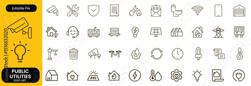 Public utilities web icons line set. Public Utilities Water, Fuel, Electricity, gas, garage, Solar House, Rent receipt, Maintainence, and More vector illustration