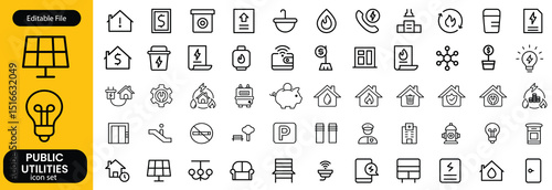 Public utilities web icons line set. Public Utilities Water, Fuel, Electricity, gas, garage, Solar House, Rent receipt, Maintainence, and More vector illustration