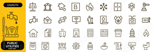 Public utilities web icons line set. Public Utilities Water, Fuel, Electricity, gas, garage, Solar House, Rent receipt, Maintainence, and More vector illustration