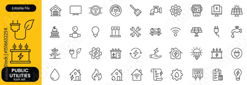Public utilities web icons line set. Public Utilities Water, Fuel, Electricity, gas, garage, Solar House, Rent receipt, Maintainence, and More vector illustration