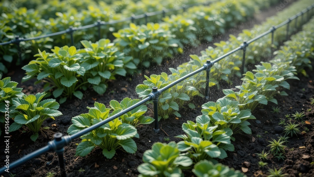 Fototapeta premium Irrigated Rows of Healthy Green Plants under Soft Sunlight in a Fertile Agricultural Field