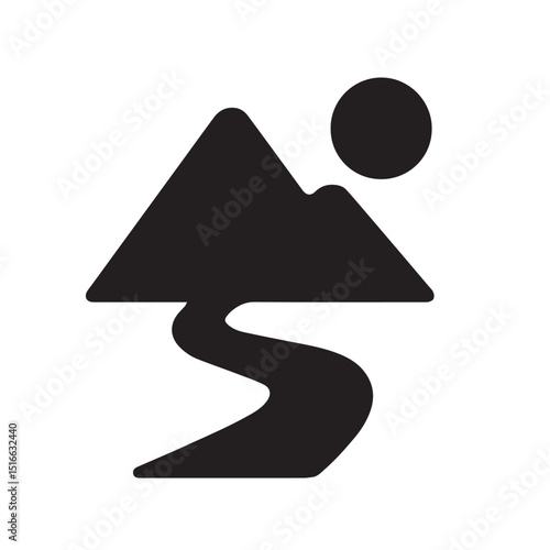 Mountain Sunrise Symbol: A minimalist silhouette captures a tranquil mountain range, an emblematic sun, and a winding path, all rendered in stark contrast to evoke serenity and exploration.