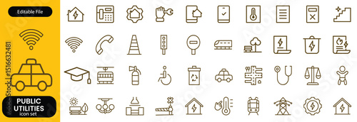 Public utilities web icons line set. Public Utilities Water, Fuel, Electricity, gas, garage, Solar House, Rent receipt, Maintainence, and More vector illustration