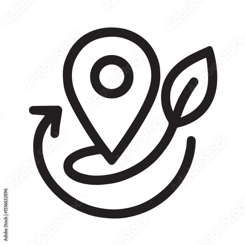 Eco-friendly location: A stylized vector icon artfully combines a location pin with a leaf and a circular arrow, symbolizing an environmentally conscious or sustainable location or service.