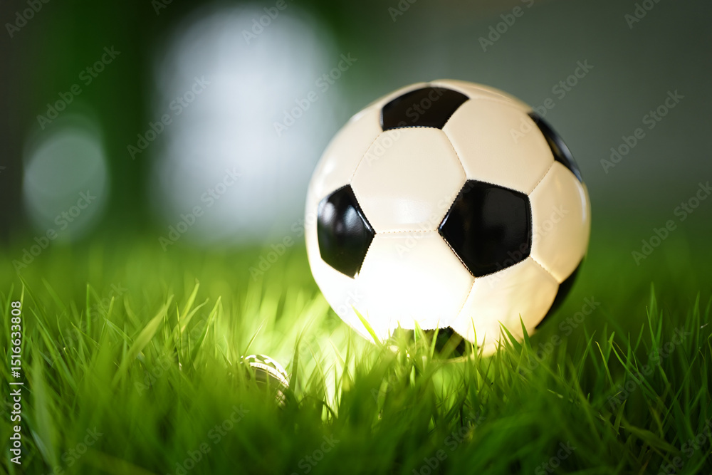 Fototapeta premium Soccer ball on grass field close up view sports equipment game and recreation