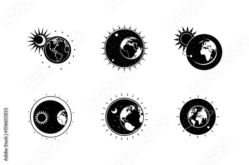 earth with sun and moon orbiting silhouette vector art