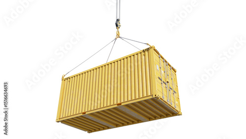 Bottom view of a yellow cargo container being hoisted by hooks, isolated on a white background. The export and import concept.3D illustration