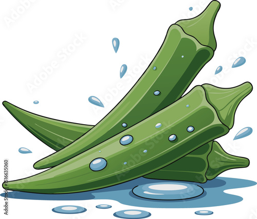 Fresh okra pods, glistening with droplets of water