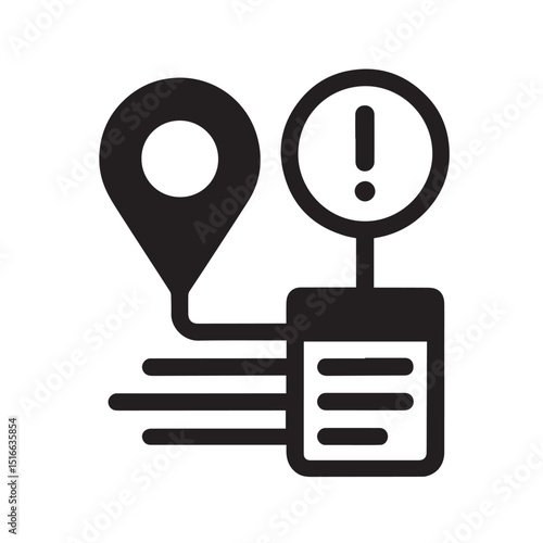 Navigation Alert: A simplified illustration of a navigation alert depicting a pinpoint marker, an exclamation point symbol and a text message indicating critical information with rapid movement.