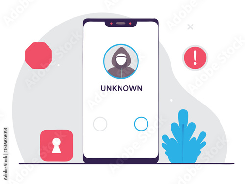 Unknown Caller Alert on Phone Screen Privacy Security Threat Illustration, Cybercrime Awareness, Mobile Security Vector Illustration
