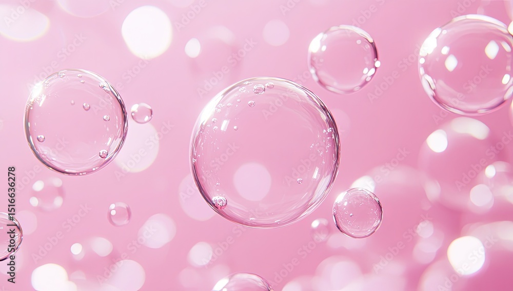 Transparent Pink Bubbles Floating on Soft Light Blurred Background Transparent Pink Bubbles Floating on Soft Light Blurred Background