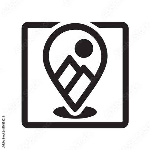 Location Icon: A sleek, minimalist location icon featuring a stylized mountain range and sun within a pin, perfect for travel and adventure-related concepts. 