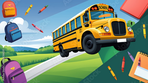 Yellow school bus with floating backpacks and crayons. Back to school vector illustration concept.
