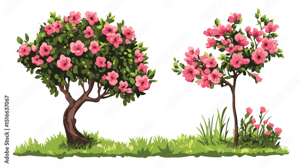 Fototapeta premium Gorgeous Flowers, Trees, and Bushes in Flat Style Vector Illustration