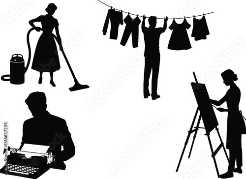 Silhouettes of People Engaged in Household Chores and Creative Activities Including Vacuuming, Hanging Laundry, Typing, and Painting on Easel flat vector illustration