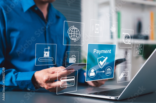 Secure Online Payment Transaction Process concept. Businessman confirming secure online payment using credit card through digital interface with verification tick symbol. Internet banking, fintech,