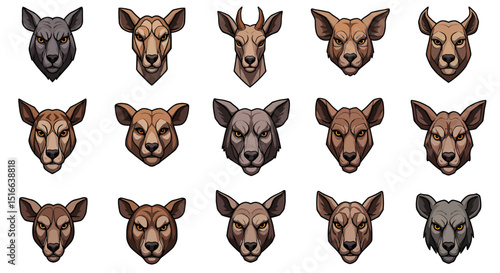 Collection of stylized animal heads, displaying diverse characters and designs in vector format