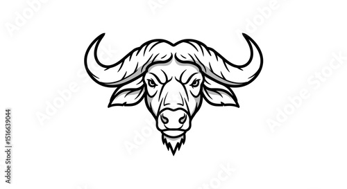Stylized Black and White Buffalo Head Illustration with Prominent Horns