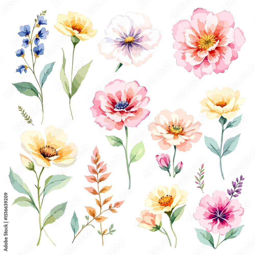 Set of watercolor abstract flowers on white background, wildflower clipart vector for graphic resources Set of watercolor abstract flowers on white background, wildflower clipart vector for graphic resources