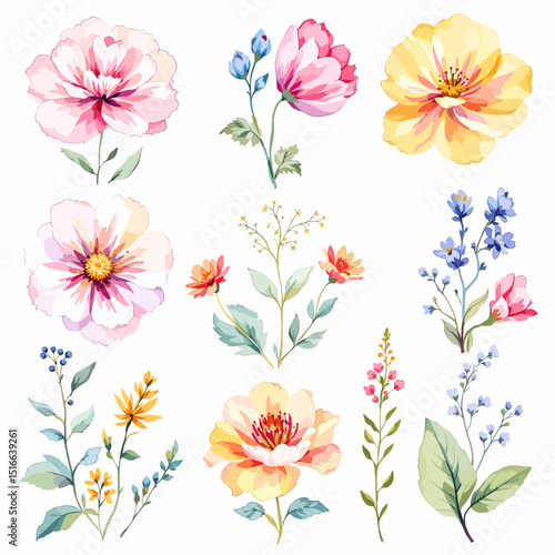 Set of watercolor flowers on white background