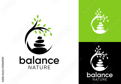 circle balancing stone with leaf tree logo design vector