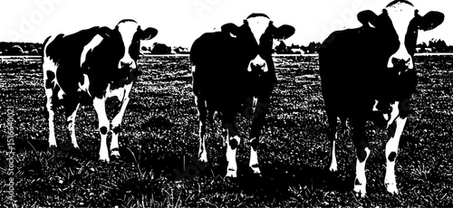 black and white cow in the meadow on a bright day
