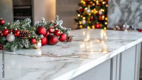 Festive Christmas Decor on Marble Kitchen Counter.