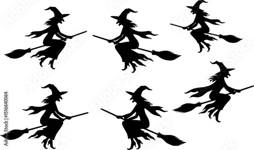 Witch flying on a broomstick.Halloween silhouette on white background vector illustration
