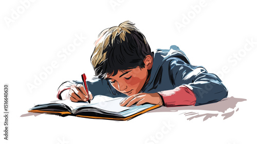 Young Boy Studying with Books Vector Illustration