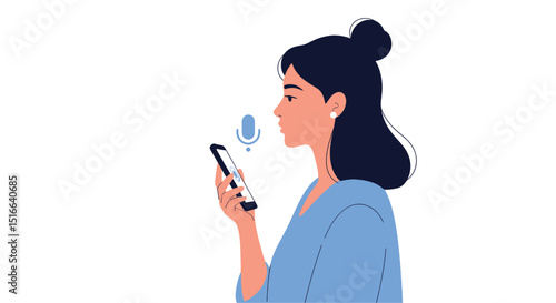 Woman Using Voice Command – Flat Vector on White Background