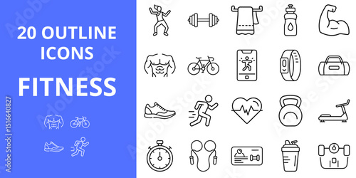 Fitness outline icons set featuring gym equipment and activities  