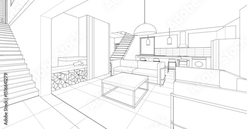 interior kitchen living room 3d illustration	
