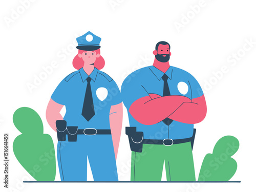 Cartoon Policemen Standing Guard Law Enforcement, Community Protection, Security Illustration Vector Illustration