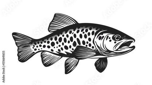 Detailed Brown Trout Fish in Black and White Vector Illustration for Designs