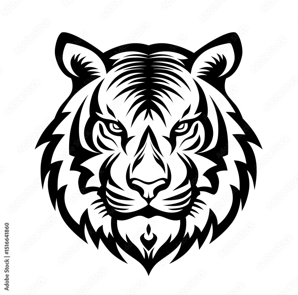 Fototapeta premium The Wild Tiger Head tattoo style in black and white. Tiger head design element on isolated background. Contour tiger head.