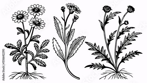 Black and white vector plants with anatomical details (like in old herbariums), cross hatching, vintage style