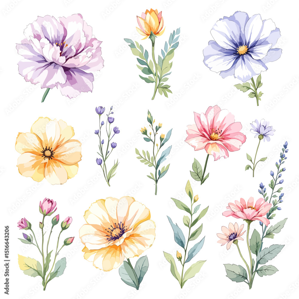 Obraz premium Set watercolor Summer Flowers Clipart, Beautiful floral bouquet illustrations set with watercolor hand drawn flowers