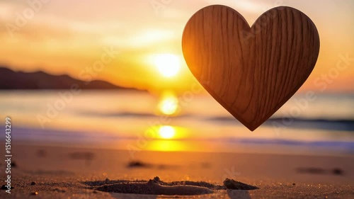 Wooden heart floats above a sandy beach with the sun setting over the water in warm tones.