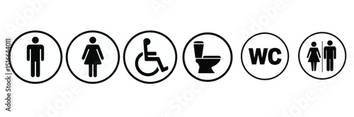 Restroom Icon Set Vector Outline – Toilet, WC, Male, Female, and Disability Symbols. Transparent background