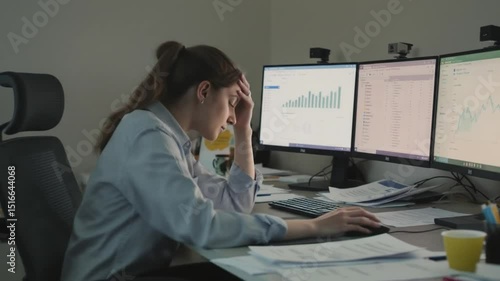 Stressed Young Woman Working on Computer at Desk in Office